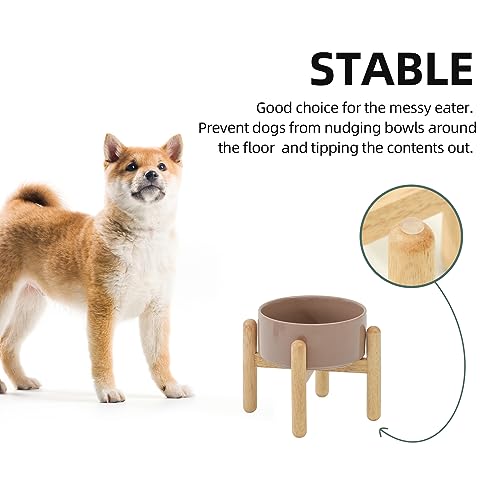 Havniva Elevated Dog Bowls Ceramic Dog Bowls with Stand, Dog Food Bowl | 6.1” Raised Dog Bowls with Non-Slip Wood Stand, Dog Food and Water Bowl Set, Dog Feeding Bowls for Small & Medium Dogs - color: Bowl+Stand - Brown Coffee, size: 6.1inch