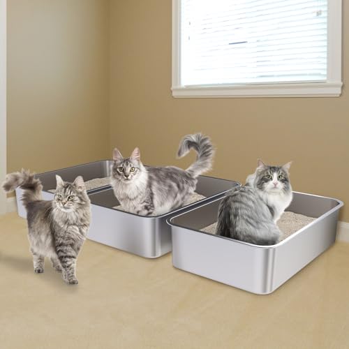 Stainless Steel Litter Box, XL Metal Litter Box 3 Pack | Extra Large Cat Litterbox 23.6" X 15.7" X 6" for Big Kitty, Multiple Cats, No Smell , Non Stick, Easy Cleaning - size: 3 Pack-X-Large (23.6"×15.7"×6")