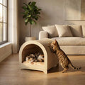 Modern Cat House for Indoor Cats, 2-in-1 Cat Scratcher Lounge with Cozy Cushion, Wooden Furniture Style Cat Condo Bed for Cats & Kittens