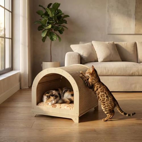 Modern Cat House for Indoor Cats, 2-in-1 Cat Scratcher Lounge with Cozy Cushion, Wooden Furniture Style Cat Condo Bed for Cats & Kittens