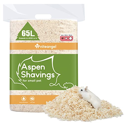 Niteangel Aspen Shaving Hamster Beddings for Syrian Dwarf Hamster Gerbil Mice Degu Rat Rabbit Bunny Guinea Pig Chinchilla Hedgehog or Other Small Pets (65L - Mini) | Respiratory-Friendly & Encourage Digging Instinct - DIY Tunnel System for Syrian Dwarf Ha