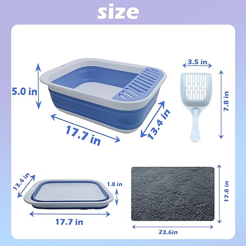 Collapsible Small Cat Litter Box,Open Top Cats Litter Pan with Scoop Foldable Shallow Kitten Potty Toilet Waterproof Cat Travel Litterbox Anti-Splashing Low Entry Semi-Enclosed Easy Clean(Blue) - color: 【Blue】