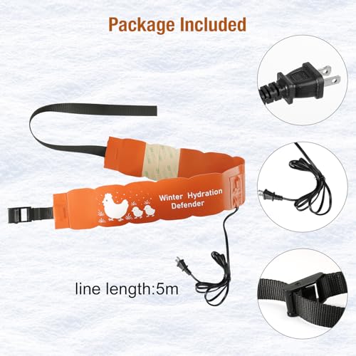 Thermostat Chicken Waterer Heater, Thermo Bucket Belt Heated Strap for 2-5Gal Bucket Chicken Waterers with 6ft Power Cord, 77℉ Automatic Shut-Off, Safe for Outdoor Use, Poultry Water Deicer