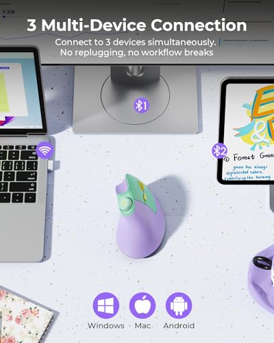 seenda MOU-302 Wireless Bluetooth Ergonomic Vertical Mouse with Volume Knob | Rechargeable 3-device mice for small/medium hands with quiet clicks, 1000/1600/2400 DPI for PC, laptop, MacBook, Green Purple - color: Green Purple