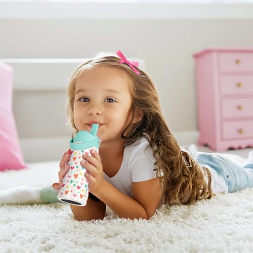 SANDJEST Kid Water Bottle 12oz with Straw Lid - 2-Pack Insulated Stainless Steel Water Bottles for Kids Girls - Travel Cup for School Sports, Bow & Heart - color: Heart + Bow (2 Pack)