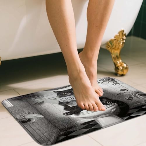 JAWO Funny Black Cat Bath Mats Rugs for Bathroom, Humorous Cat on Toilet Reading Newspaper, Black White Retro Animal Bathroom Decor, Washable Flannel Bath Shower Rug Non Slip 17X48 - color: Black, size: 17.00" X 48.00"