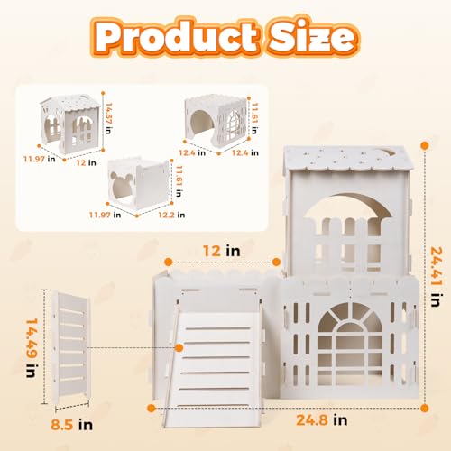 Large Rabbit House, Wooden Bunny Castle with 3 Houses Indoor, Rabbit Guinea Pig Cage Multistory Climbing Tower Sturdy Wooden Castle, Small Animal Hideaway Tunnel - size: 3 Houses