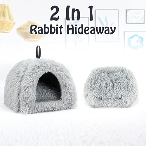 YUEPET Bunny Hideout, Cozy Rabbit Bed House for Small Pets, Grey | Long Plush Guinea Pig Cave Bed, Removable Washable Pad, Non-Slip Base, Warm Rabbit Hideaway for Guinea Pig Ferret