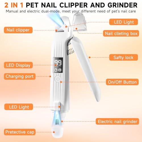 2 in 1 Dog Nail Clippers an Nail Grinder Pet Trimmers for Dogs Cats Claw Nail Care Tool USB Rechargeable Dogs Nail Trimmer with LED Lights and Storage Bag Low Noise Pet Electric Grinder