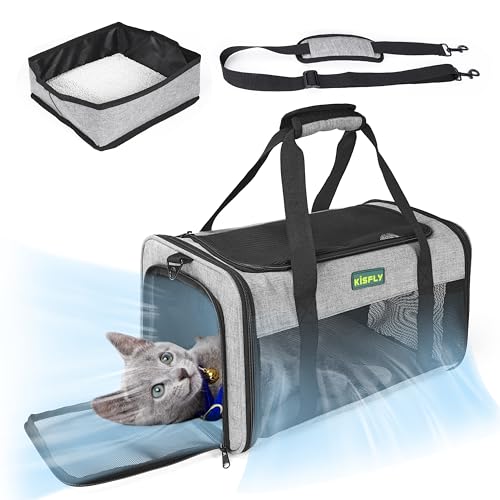 Foldable Cat Carrier 17"x11"x9.5", Soft-Sided Airline Travel Bag | Portable soft pet carrier with scratch-resistant mesh, easy top access and compact folding design for cats up to 12 lbs. - color: Gray, size: 17x11x9.5 In