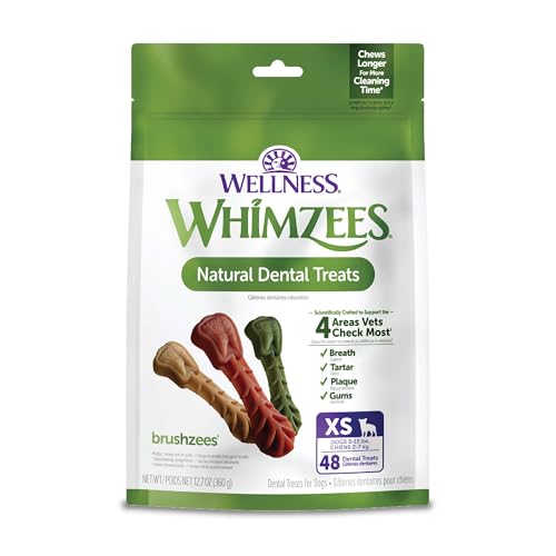 Whimzees Wellness Brushzees Natural Dog Dental Treat, VOHC Accepted Chews, Freshens Breath, Extra-Small Size, 12.7 oz Bag, 48 Count - size: 48 Count (Pack of 1)