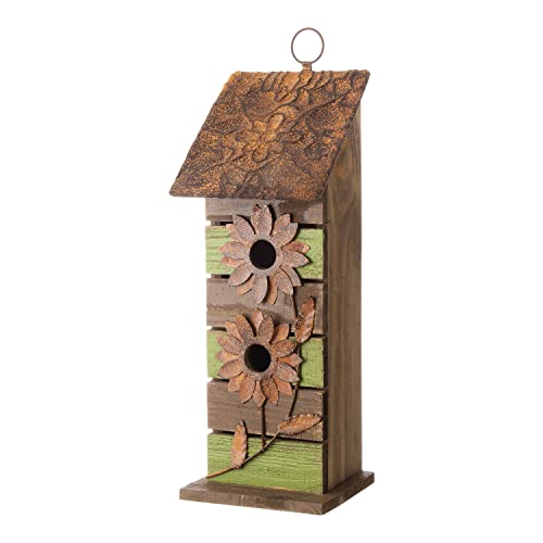 Glitzhome Bird Houses for Outside, 14.45" H Wooden Garden Hanging Bird House Two-Tiered Distressed with Flowers Decorative Birdhouse for Outdoors - color: 14.45 Inch/Green