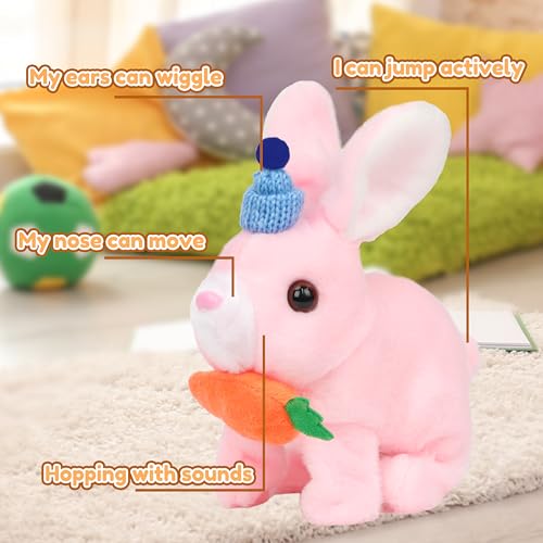 Easfan Bunny Plush Jumping Spotted Pink Rabbit with Hat Hopping Ears Nose Moving Educational Plush Toy Singing Shaking Glowing Interactive Toy Electric for Toddlers Kids - style: Bunny_Pink_Hat