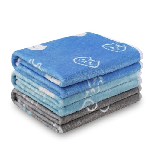 1 Pack 3 Blankets Super Soft Fluffy Premium Cute Cat Pattern Pet Blanket Flannel Throw for Dog Puppy Kitten Blue/Cyan/Grey Large(41x31 inch) - color: Blue/Cyan/Grey, size: 41x31 inch (Pack of 3)