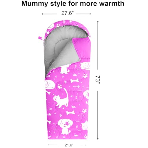 KidzAdventure Mummy Style 32 – 59F Kids Sleeping Bag with Pillow Sleeve, 4 Season, Lightweight and Backpacking Style, Ideal for Camping, Sleepover, Boys, Girls, and Youth - color: Pink youth up to 5'7"