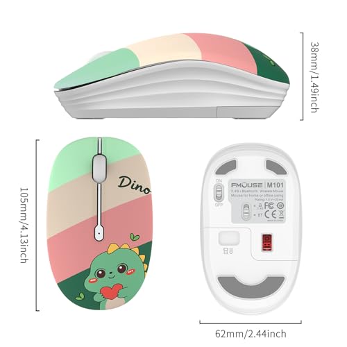FMOUSE Cute Cartoon Silent Wireless Mouse, Dual Mode Bluetooth & USB 2.4G | Cute Dino Pattern, Ideal for Kids Students Teen Girls | AA Battery Powered | Compatible with Laptop Mac iPad Tablet PC - color: Cute Dino