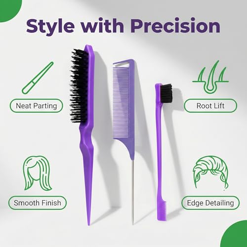 Slick Back Hair Brush Set, Purple 3-Piece Rat Tail Brush Teasing Comb with Metal Pin and Edge Brush Comb for Parting Smoothing and Styling at Home or Salon - color: purple