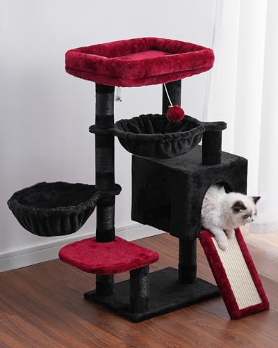 Hey-brother Cat Tree Tower With Large Bed, Hammocks, Scratcher, MPJ006SBR - color: Black and Red, size: 35.4 inch