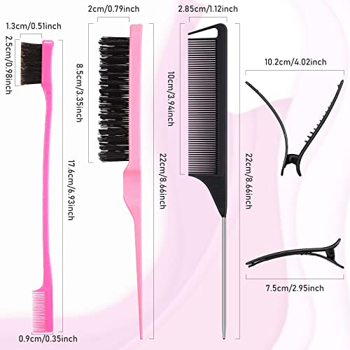 Remerry Hair Brush Set, 12 Pieces Including Nylon Teasing Brushes, Double Sided Hair Edge Brush, Smooth Comb Grooming, Rat Tail Combs & Duckbill Clips (Black, Pink) - color: Black, Pink