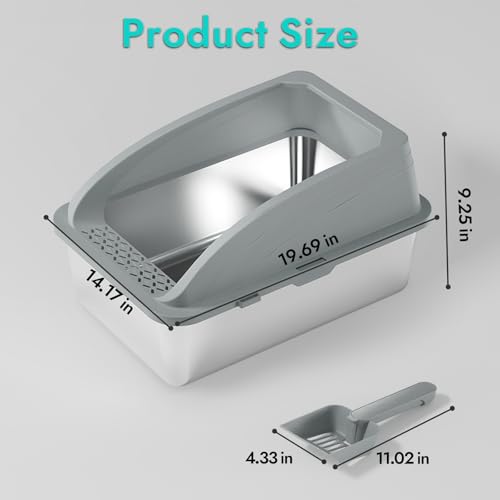 Stainless Steel Litter Box, Metal Litter Box with Scoop, High-Sided Leak-Proof Design, Non-Stick Base, Easy to Clean for Kittens, Senior & All Cats - color: Light Grey