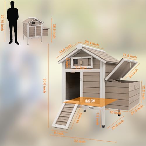 Gowoodhut Chicken Coop Rabbit Hutch with Removable Trays,Raised Floor Hen House with Nesting Box,Wooden Outdoor Poultry Cage Pet House with Ramp Run Hen Cage for Garden Backyard,Grey - size: Chicken-25