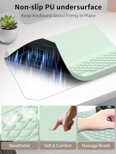 3-in-1 Ergonomic Keyboard Stand with Wrist Rest & Mouse Pad Set,Light Green | Comfy Keyboard Riser Holder Soft Mousepad with Massage Design, Memory Foam and Non-Slip PU Base for Pain Relief - color: Light Green