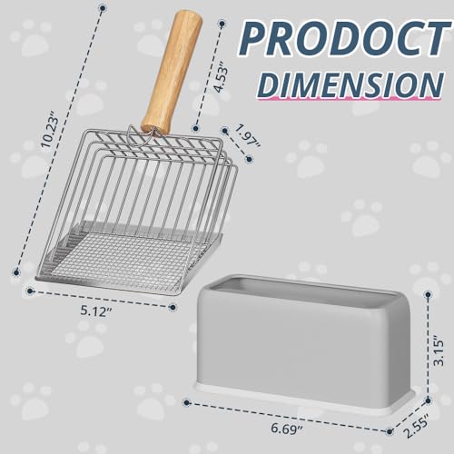 Cat Litter Scoo Easy Use Metal Litter Scoop with Comfortable Beech Wood Grip - One Easy to Clean Stand is Included