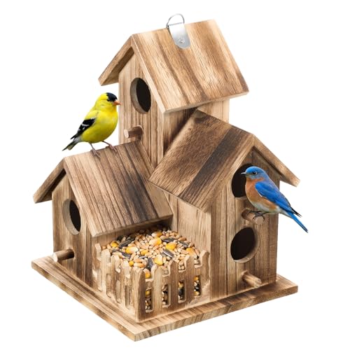 Bird House for Outside, Outdoor 3 Hole Bird House Room Bluebird Finch Wooden Hanging Birdhouse Handmade Wooden Hummingbird-House for Garden,Courtyard, Backyard Bluebirds, Finches, Cardinals