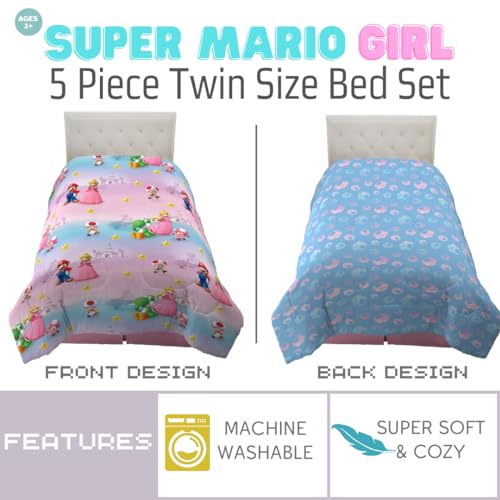 Super Mario Girl Princess Peach Girl Gamer Kids Bedding Super Soft & Cozy Reversible Microfiber Comforter and Sheet Set with Sham, 5 Piece Twin Size, (Officially Licensed Product) By Franco - color: Super Mario Girl, size: 5 Piece Twin Size