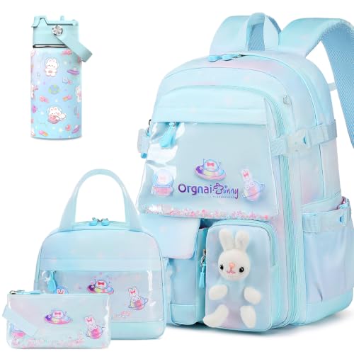 FIXITOK Girls Backpack with 14oz Insulated Water Bottle Set, Kawaii Bunny School Backpack for Girls with Kids Water Bottle Lunch Bag Pencil Case for Kindergarten Elementary Preschool School - color: W-dreamy Aquamarine