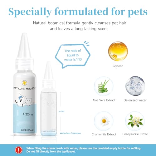 Pet Steam Brush for Dog & Cat Includes Waterless 2*Shampoo | Spray Hair Removal Comb for Shedding Grooming Softens Fur Reduces Static Water Brush for Long & Short Coats, Bath-Hating Pets - size: 7.8"-240ML