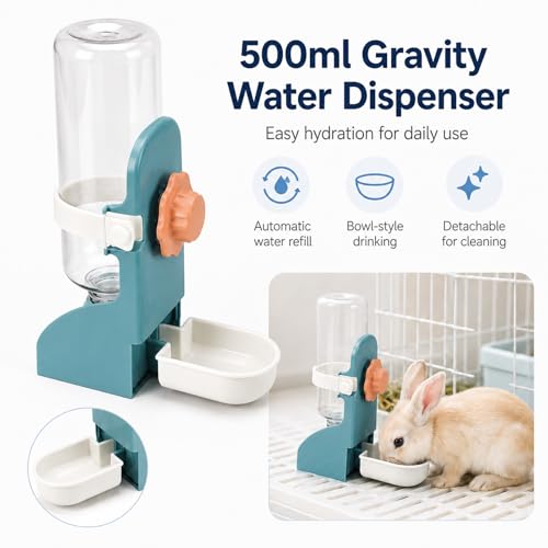 HERCOCCI Rabbit Hay Feeder and Water Bottle Set, 500ml Bunny Water Dispenser with Food Bowl, 2-in-1 Hay Rack Feeder for Guinea Pig, Chinchilla, Hedgehog, Small Animals - color: BLUE