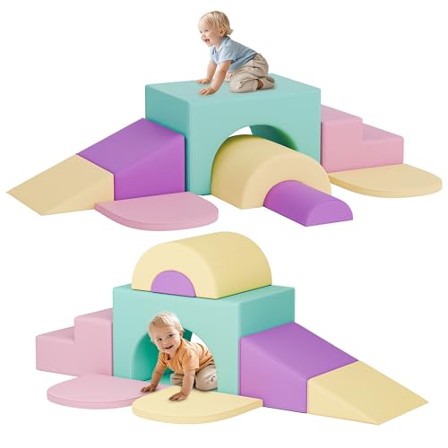 MU ‌Soft Climbing Toys for Toddlers, 7-Piece Baby Soft Foam Climbing Blocks, PU Leather Gym Climb and Crawl Activity Play Set, Indoor Climbing Toys for Kids and Children, Pink - color: Pink