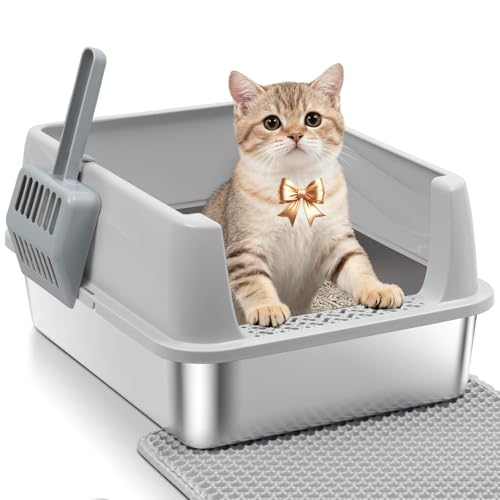 Stainless Steel Litter Box for Kitten,Metal Litter Box with Lid S | Cat Litter Box High Sides,Small Cats,Open Design,Indoor,1-Mat and 1-Scoop,Easy to Clean, No Odor,Anti-Urine Leakage - color: S-M-lid-10"H