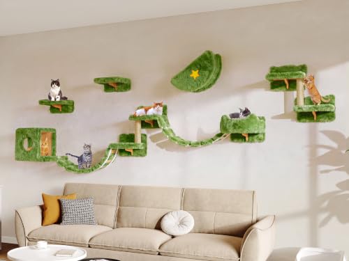 13-in-1 Cat Wall Shelves, Moon & Bridge Cat Wall Furniture, Green | Wall Mounted Cats Shelf Set with Plush Fabric, Cat Climbing Systems for 16 Inch Drywall, Condo, Scratching Post, Space-Saving - color: Green, size: 13-in-1