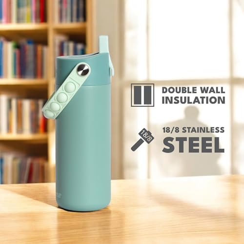 Elemental Insulated Kids Water Bottle, Stainless Steel Water Bottle with Straw Lid & Pop-It Handle, Leak-Proof Water Bottles for School, Boys or Girls, Travelling and Sports, 18oz - Sage - color: Sage