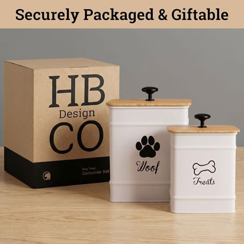 Dog Treat Container Set of 2 with Airtight Bamboo Lids - 8x6 & 7x5 inch | Fits All Popular Treats, Up to 20 Cups Combined Capacity, Airtight Bamboo Lid, Easy Open Lid, Dent-Resistant Durable Metal - color: White - Large