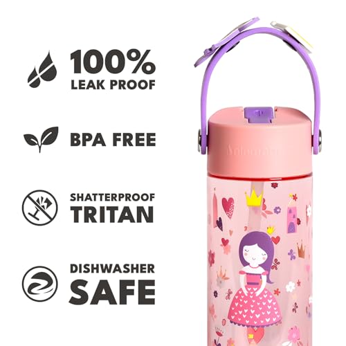 Elemental Water Bottles for Kids - Splash Kids Water Bottle for School with Fun Charm Handle - BPA Free Tritan Plastic Bottle with Straw Leak Proof When Spout is Closed - 18oz - Princess Dream - color: Princess Dream