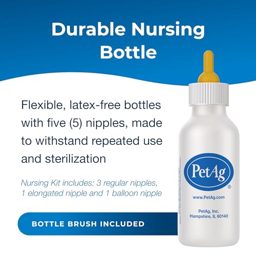 Pet-Ag Nursing Kit - 2 oz - Promotes the Natural Feeding of Liquids to Baby Animals - Each Kit Includes 2 oz. Bottle with Cap, 5 Nipples & Cleaning Brush - size: 2 Ounce (Pack of 1)