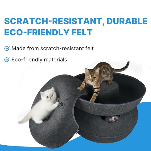 2-Level Detachable Large Cat Tunnel Bed for Indoor Cats, Scratch-Resistant Felt Donut Cat Cave, Supports Up to 30 lbs, Peekaboo Cat Tube (Dark Grey, L 24 x 24 x 22 in)