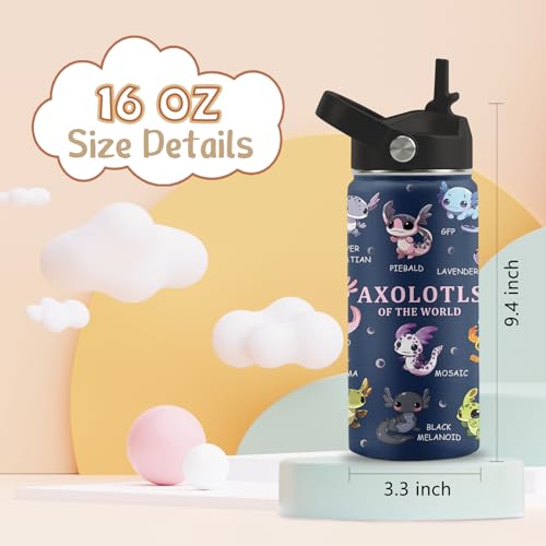 Axolotl Gifts, 16 oz Water Bottle with Straw Lid, Stainless Steel Insulated Tumbler, Cute Animals Water Bottle, Axolotl Cup Gifts for Birthday Christmas (1pcs) - color: Axolotl