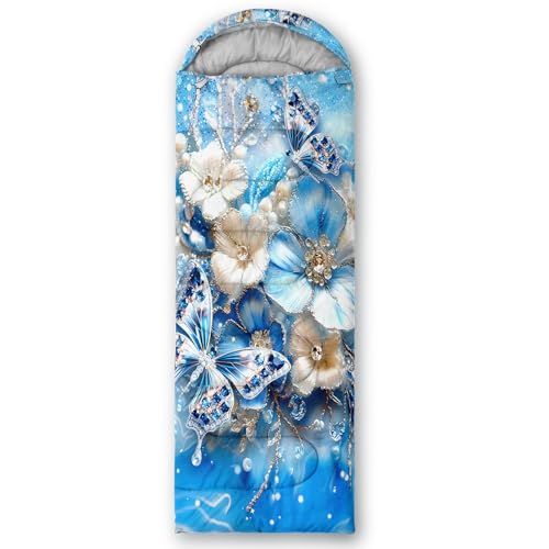QOOMO Camping Sleeping Bags,3 Season Warm & Cool Weather,Lightweight,Waterproof Sleeping Bags for Adults & Kids,Traveling,and Outdoors,Camping Gear Equipment - color: blue butterfly