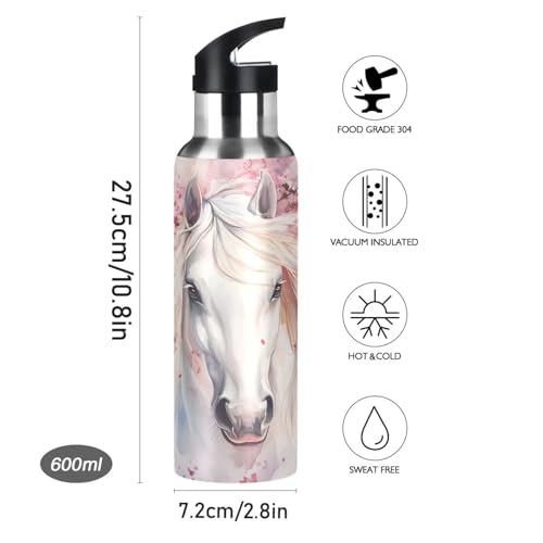 Horse Cherry Blossom Girls Water Bottle Insulated Sports Vacuum Stainless Steel Mug with Straw Lid & Handle 20 oz - color: D16