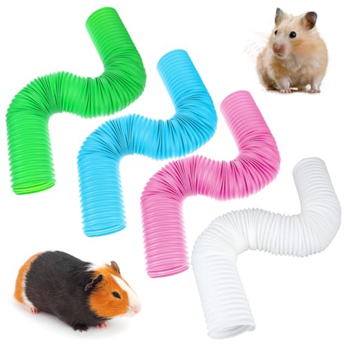 4 Pack Hamster Tunnels, Foldable Plastic Tube Toy & Hideout for Hamsters, Mice, Rats, Ferrets, Guinea Pigs, and Other Small Animals (Blue, Green, Pink, White)