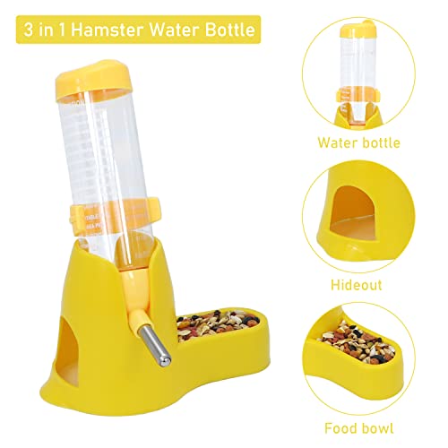 Wontee 3 in 1 Hamster Water Bottle with Food Bowl Hideout Base 125ML Yellow | Water dispenser, food container, hideout, stable base, easy to refill, for glass tank/cage, dwarf hamster/mouse/gerbil, 4.2oz - color: Yellow, size: 125ML