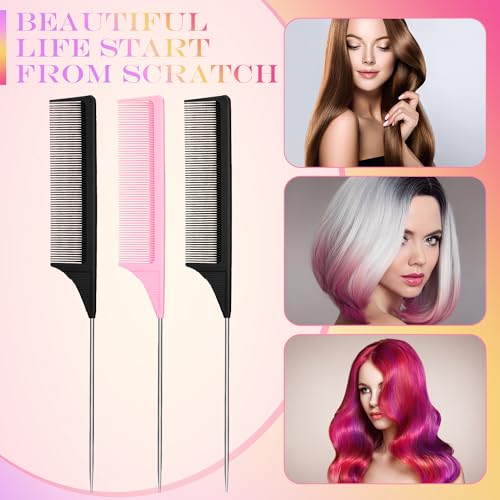 Leinuosen 3 Pack Rat Tail Comb Carbon Fiber,Pink, Black | Steel Pin Tail for Sectioning, Heat Resistant Teasing, Pick Comb for Women Wig Styling, Fishtail Design for Salon Updos - color: Pink, Black