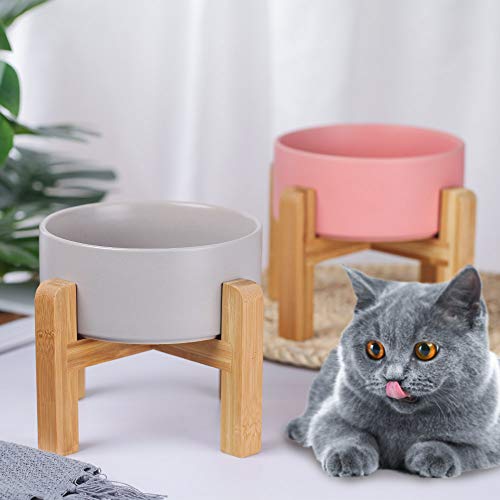 Pink Ceramic Elevated Raised Cat Bowl with Wood Stand No Spill Pet Food Water Feeder Cats Small Dogs - color: Pink, size: Medium Dog Bowls 850ML*1