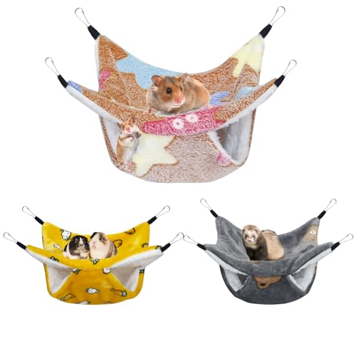 YedsIntu 3 Pcs Guinea Pig Hammock, Rat Ferret Hanging Hammock Guinea Pig Accessories for Small Animals Chinchilla Parrot Sugar Glider Ferret Hamster Squirrel (11"×11") - color: Yellow, Caramel, Grey