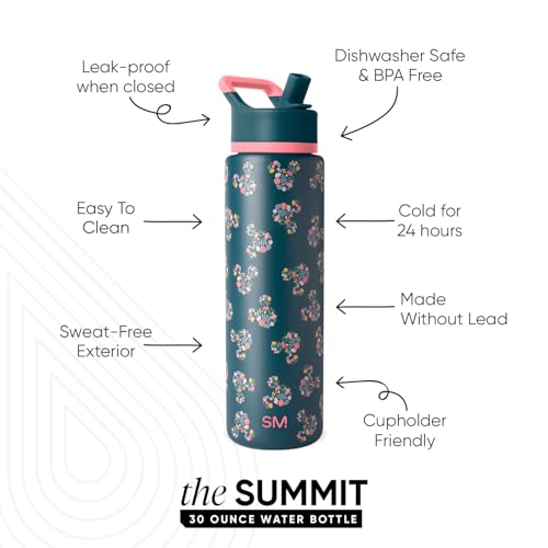 Simple Modern Summit Water Bottle with Straw Lid | Disney 30oz Leak Proof Stainless Steel Insulated Cup | Gifts for Her Him | Mickey Mouse Floral on Riptide - color: -Disney: Mickey Mouse Floral on Riptide, style: 30oz Water Bottle