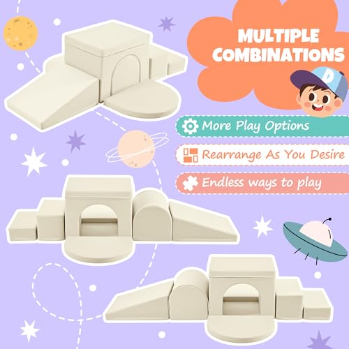 Merax Indoor Soft Foam Tunnel Climber, Toddler Climbing Toys with Tunnel | Soft Climb and Crawl Playset Baby Soft Foam Blocks with Steps and Ramp, 7-piece - color: Pastel Cream